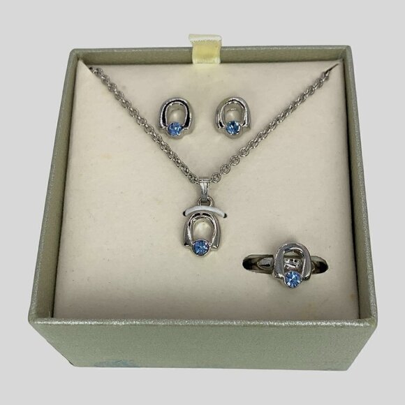 Equestrian Themed Necklace, Earring & Ring Set Silver Tone With Blue Gemstones - Picture 1 of 6